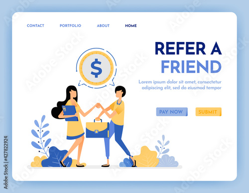 Illustration of refer a friend to get reward, money, profit, points, salary. Networking to get money. Multi level marketing worker. Design concept for banner, landing page, web, website, poster, ui ux