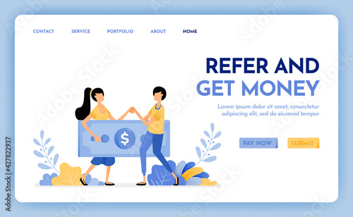 Illustration of refer a friend to get reward, money, profit, points, salary. Multi level marketing worker. Hiring to get money. Design concept for banner, landing page, web, website, poster, ui ux