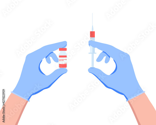 Coronavirus vaccine COVID-19. Vaccine and vaccination against virus, flu. Hands in blue gloves of doctor, nurse, scientist hold an ampoule and syringe. Horizontal banner with copy space. Vector.