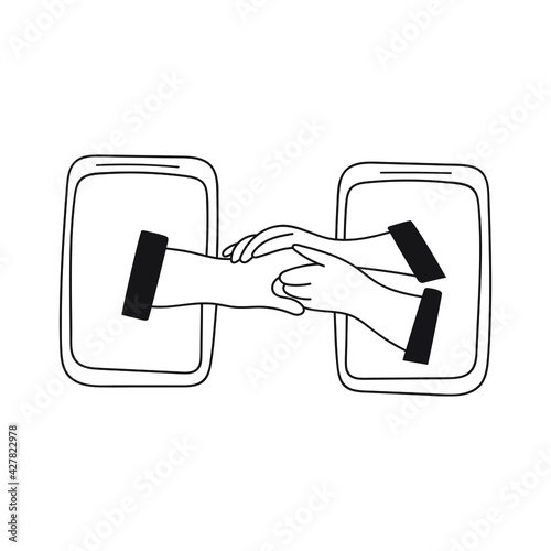 Supporting hands. Online therapy. Outline illustration on white background.