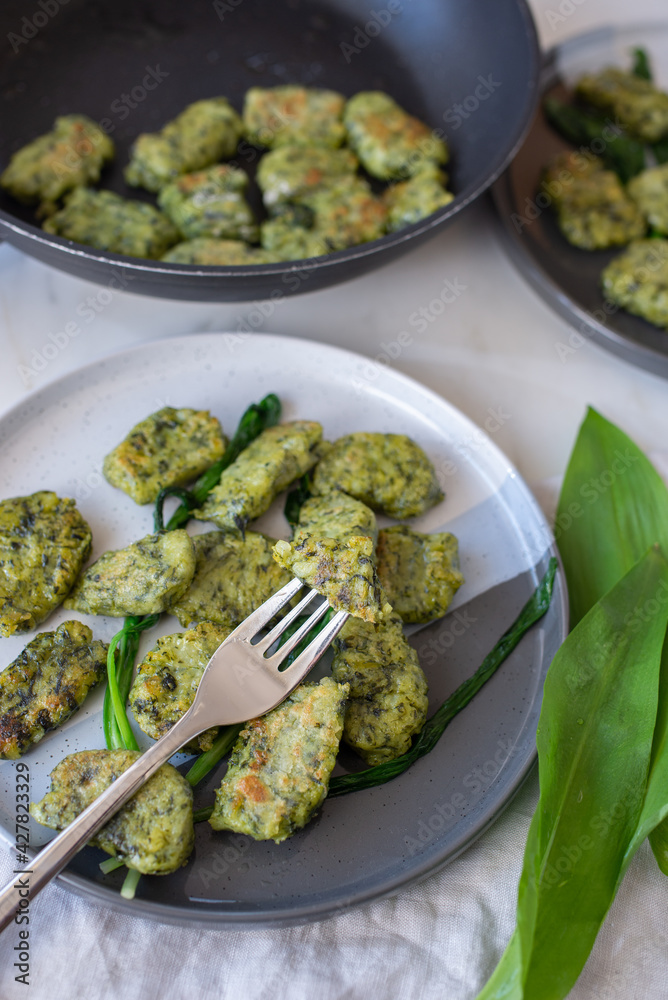 healthy home made Gnocchi with wild garlic