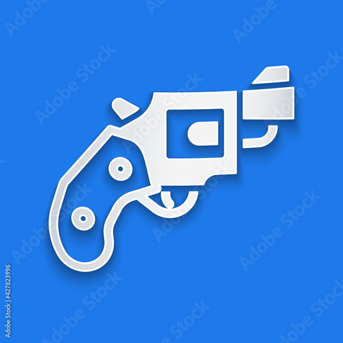 Paper cut Small gun revolver icon isolated on blue background. Pocket pistol for self-defense. Ladies revolver. Spy Weapon. Paper art style. Vector