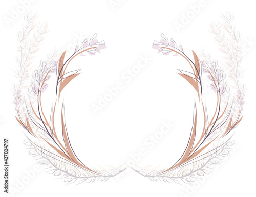 Round delicate floral frame with a steppe flower and plants. Vector sketch wreath for logos, icons and invitations. Save the date. Delicate herbal drawing with copy space.
