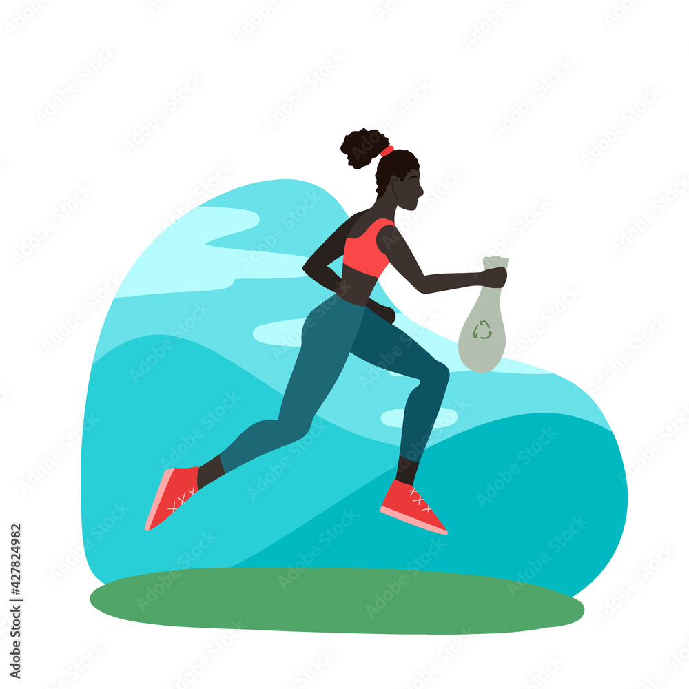 Plogging. Jogging african girl with a garbage bag in the park. An athlete caring for the cleanliness of the city. Vector flat illustration of Black sportswoman Plogging. Jogging african girl with a garbage bag in the park. An athlete caring for the cleanliness of the city. Vector flat illustration of Black sportswoman