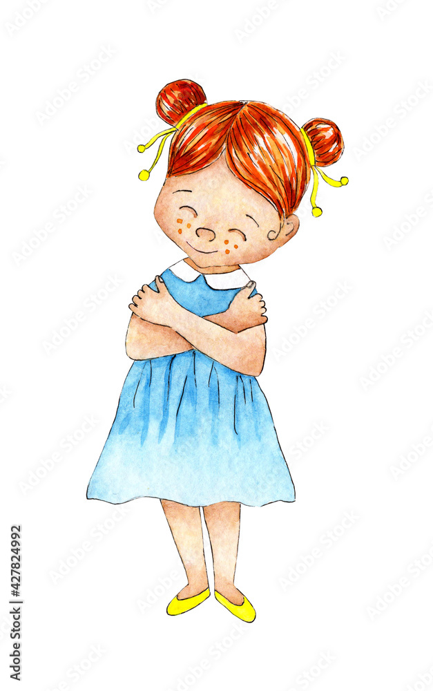 Watercolor illustration of a little red-haired girl in a blue dress and yellow shoes hugs herself. Love yourself, love your body, motivation. Take time for yourself. Isolated on belm background. Watercolor illustration of a little red-haired girl in a blue dress and yellow shoes hugs herself. Love yourself, love your body, motivation. Take time for yourself. Isolated on belm background.