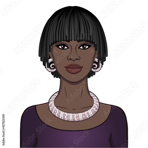 Animation portrait of the beautiful African woman with a hairstyle dreadlocks. Color drawing. Vector illustration isolated on a white background. Print, poster, t-shirt, card.