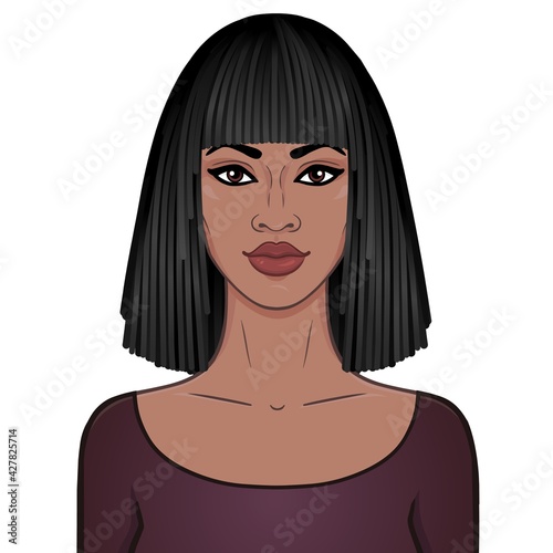 Animation portrait of the beautiful  woman an Afro-hair. Color drawing. Vector illustration isolated on a white background. Print, poster, t-shirt, card. 