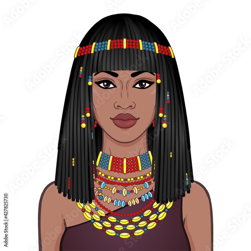 Animation portrait of the beautiful African woman in ancient jewelry and Afro-hair. Color drawing. Vector illustration isolated on a white background. Print, poster, t-shirt, card. 
