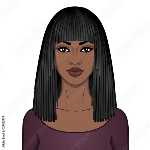 Animation portrait of the beautiful  woman an Afro-hair. Color drawing. Vector illustration isolated on a white background. Print, poster, t-shirt, card. 
