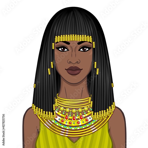 Animation portrait of the beautiful African woman in ancient jewelry and Afro-hair. Princess, pagan goddess, Pharaoh. Color drawing. Vector illustration isolated on a white background. Print, poster.