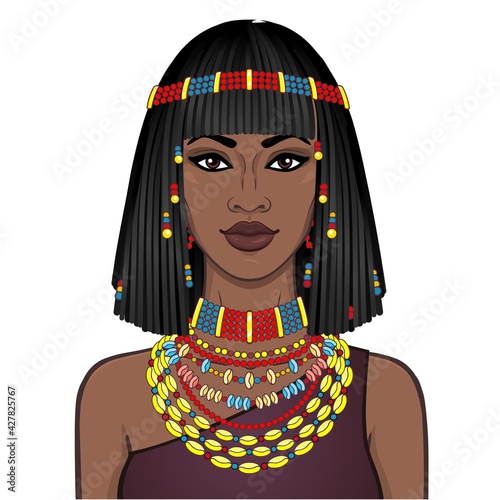 Animation portrait of the beautiful African woman in ancient jewelry and Afro-hair. Color drawing. Vector illustration isolated on a white background. Print, poster, t-shirt, card. 