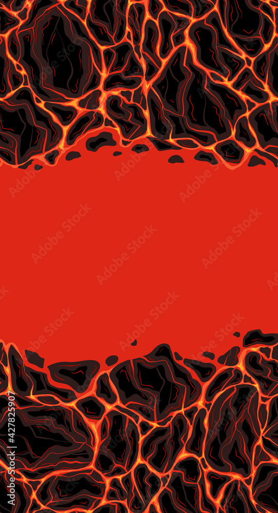Vertical card with lava with stones and copy space. Magma from molten rock. Vector banner of Eruption with Earthquake. Cartoon card of natural disaster.