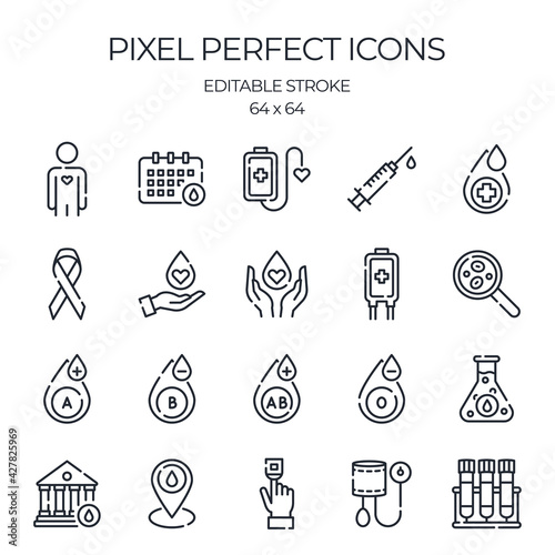 Blood donation and blood test related editable stroke outline icons set isolated on white background vector illustration. Pixel perfect. 64 x 64.