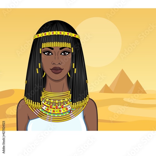 Animation portrait of the beautiful African woman in ancient jewelry and Afro-hair. Princess, pagan goddess, Pharaoh. Color drawing. Background - a landscape the desert, pyramids.Vector illustration.