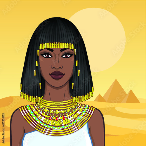 Animation portrait of the beautiful African woman in ancient jewelry and Afro-hair. Princess, pagan goddess, Pharaoh. Color drawing. Background - a landscape the desert, pyramids.Vector illustration.