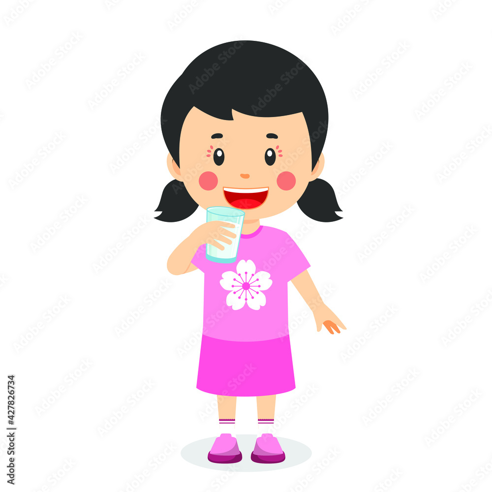 Happy Kid Girl Drinks Milk