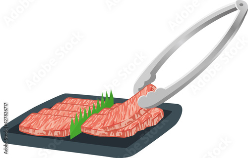 焼肉用の牛生肉とトングで挟んでいるイメージイラスト