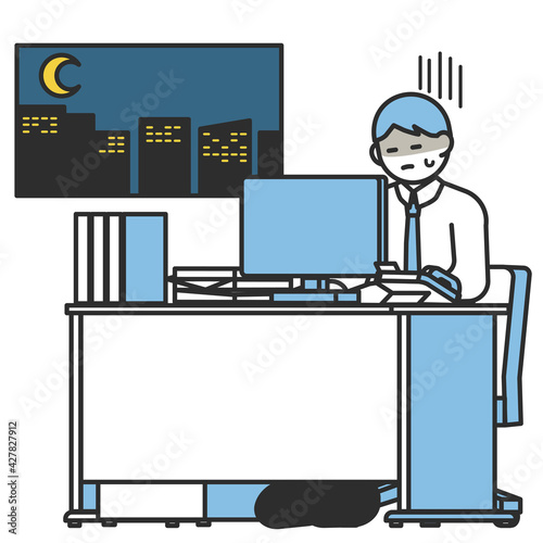 会社のデスクでパソコン作業をする疲れている男性のイラスト素材