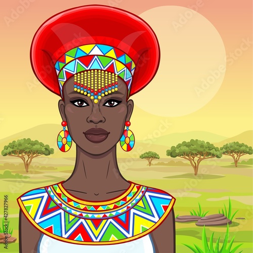 Animation portrait of the beautiful African woman in ancient clothes and jewelry. Color drawing. Background - a landscape the savanna, the nature, a sunset. Vector illustration. 