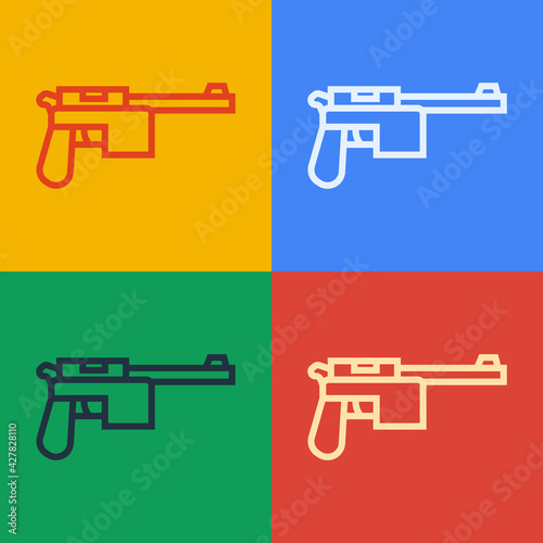 Pop art line Mauser gun icon isolated on color background. Mauser C96 is a semi-automatic pistol. Vector