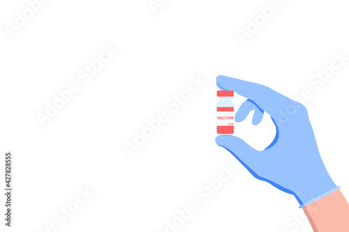 Hand of doctor, nurse, scientist in a medical blue glove holds an ampoule with a vaccine. Horizontal vector banner template with copy space. Isolated on a white background. 