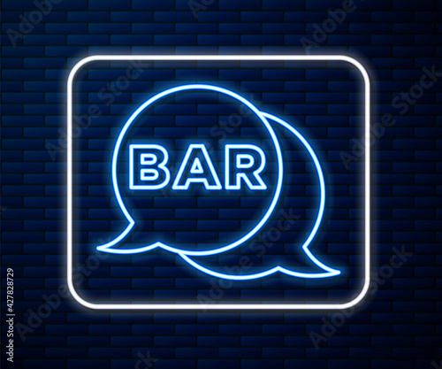 Glowing neon line Street signboard with inscription Bar icon isolated on brick wall background. Suitable for advertisements bar, cafe, restaurant. Vector
