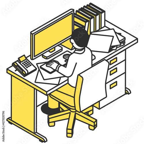 会社のデスクでパソコン作業をする男性のイラスト素材