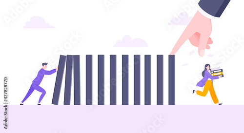 Business resilience or domino effect metaphor vector illustration concept. Adult young businessman pushing falling domino line business concept of problem solving and hand stopping chain reaction.