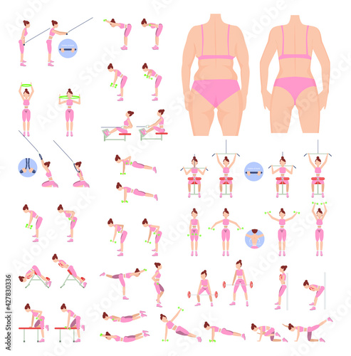 The girl before and after. Fat-burning workout. Back exercises. Training with inventory. Girl  exercises. Toned body. Woman's back before and after weight loss. Vector illustration.