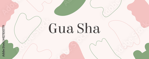 Web Banner Rose Quartz Gua Sha and Jade. Scraping massage tool. Natural pink and green stone scraper. Vector background for Anti-aging Facial Lifting. Trendy skin care method pastel color flat style.