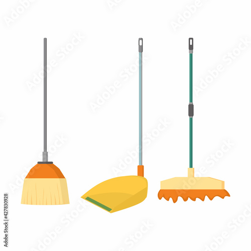 Broom, mop and dustpan vector cartoon flat icons. Household and house cleaning tools concept. Set of cleaning house supplies isolated on a white background. Vector illustration of cleaning utensils