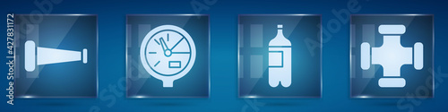 Set Industry metallic pipe, Water meter, Bottle of water and Industry metallic pipe. Square glass panels. Vector