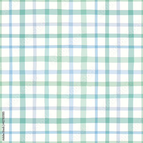 Check pattern in green. Vector seamless repeat of hand drawn checked gingham design. Cute geometric illustration.