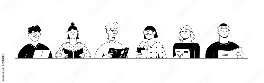 Collection of people reading or students studying and preparing for an examination. Collection of people reading or students studying and preparing for an examination.