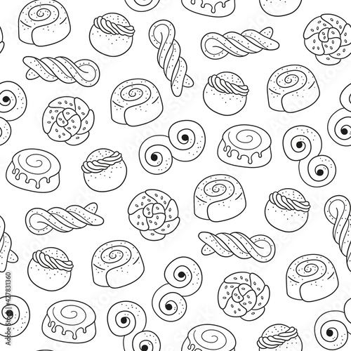 Traditional swedish sweets seamless pattern. Kanelbulle bun, cinnamon roll, Semla and lussekatt. Hand drawn isolated vector illustration on white background
