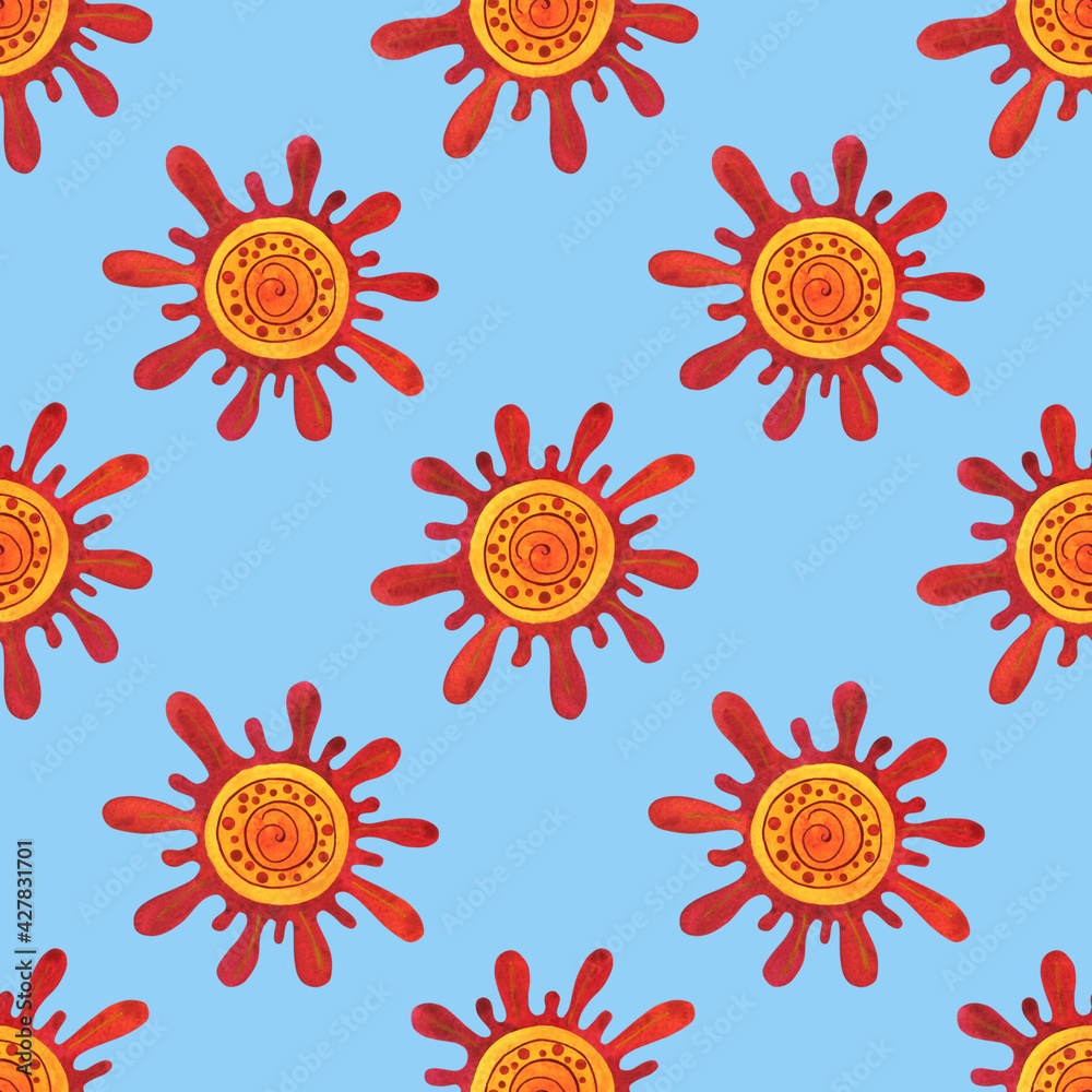 Hand drawn seamples pattern red suns. Watercolor red-orange suns, rays, spiral in the center with ethnic ornament. Boho style, folk, ethnic, summer. Texture, pattern for swimsuit, clothing, fabric.
