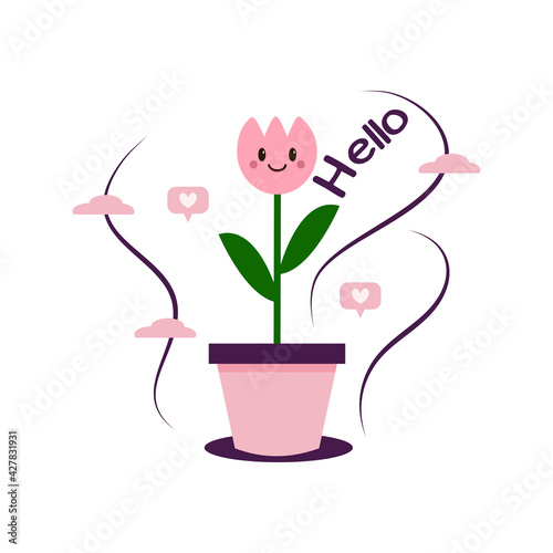 beautiful potted flowers. blooming in the spring comes. tulip flower planted in pot made in vector in kawaii style