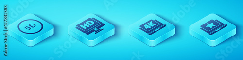 Set Isometric 5d virtual reality, Monitor with HD video, Laptop with star and Laptop with 4k video icon. Vector