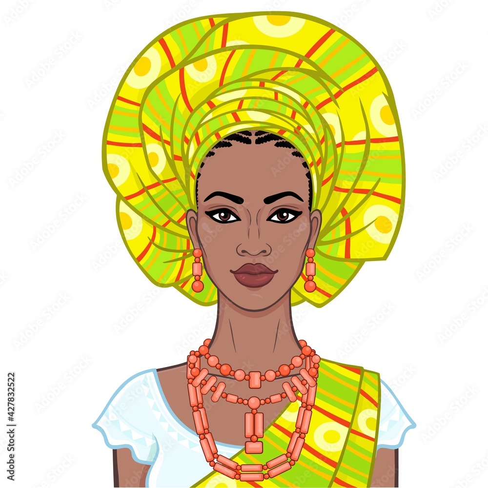 Animation portrait of the beautiful black woman in a turban and ethnic jewelry. Color drawing. Vector illustration isolated on a white background.Template for use. Animation portrait of the beautiful black woman in a turban and ethnic jewelry. Color drawing. Vector illustration isolated on a white background.Template for use.