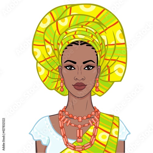 Animation portrait of the beautiful  black woman in a turban and ethnic jewelry. Color drawing. Vector illustration isolated on a white background.Template for use.