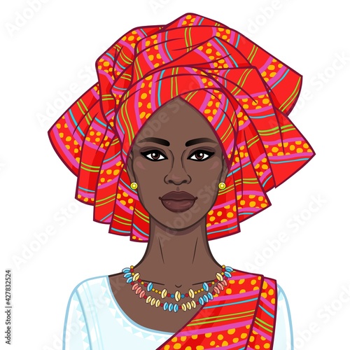 Animation portrait of the beautiful  black woman in a turban and ethnic jewelry. Color drawing. Vector illustration isolated on a white background.Template for use.