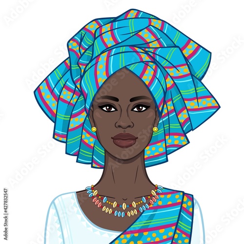 Animation portrait of the beautiful  black woman in a turban and ethnic jewelry. Color drawing. Vector illustration isolated on a white background.Template for use.