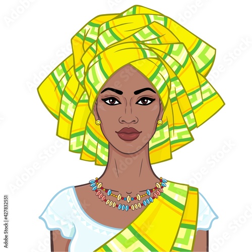Animation portrait of the beautiful  black woman in a turban and ethnic jewelry. Color drawing. Vector illustration isolated on a white background.Template for use.