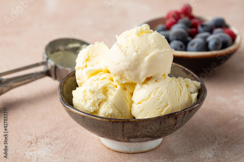 Close up of vanilla ice cream in bowl, summer dessert