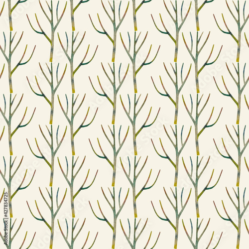 Seamless pattern of colored dry wooden twigs. Minimalistic design. Scandinavian endless ornament. Hand-drawn watercolor illustration of branches on a beige background. For wallpaper  textile  wrapping