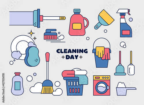 Collection of cleaning tools. outline simple vector illustration.