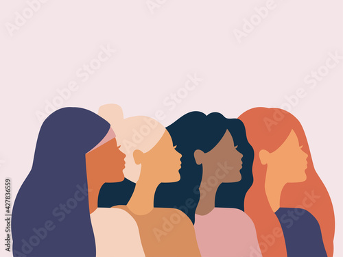 cross cultural, racial equality, multi ethical, diversity people, woman power, empowerment, tolerance, discrimination concept. Flat vector illustration.