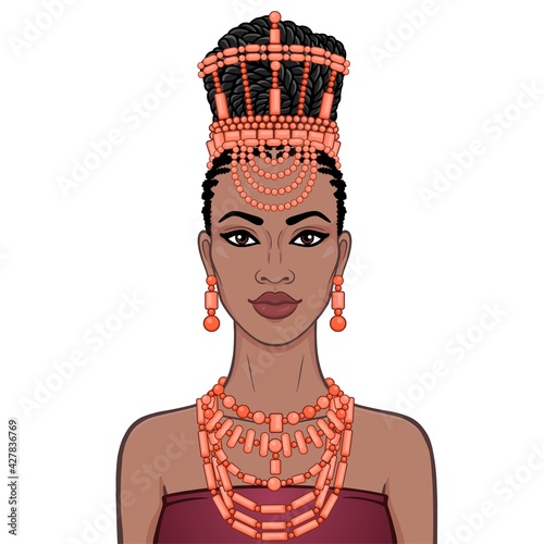 Animation portrait of the beautiful  black woman in a traditional ethnic jewelry. Princess, Bride, Goddess. Color drawing. Vector illustration isolated on a white background.Template for use.