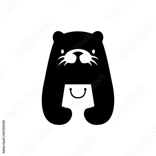 otter shopping bag shop store negative space logo vector icon illustration