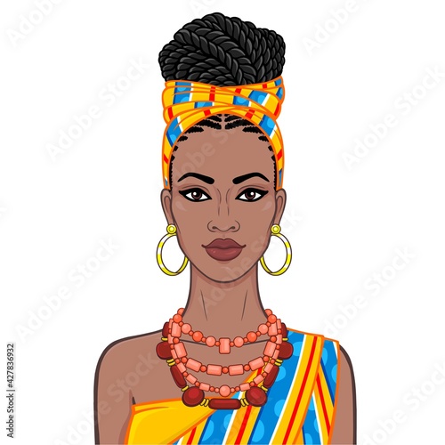 Animation portrait of the beautiful  black woman in a orange turban and ethnic jewelry. Color drawing. Vector illustration isolated on a white background.Template for use.